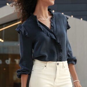 Evereve Thea Ruffle Button Down Top Navy Size Medium